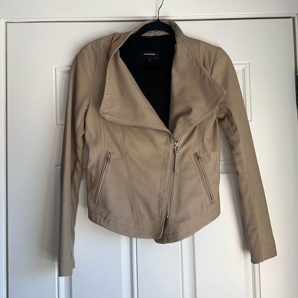 MACKAGE Dinah asymmetric zip 100% real leather lambskin jacket beige tan size S